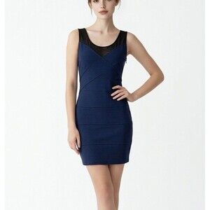 Express Navy Blue Women’s Bodycon Dress Black Mesh Panel Bandage Size Medium